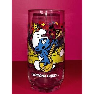 Vintage‎ HARMONY Smurf Peyo Wallace Berrie 1983 Smurfs Hardees Glass Cup Tumbler